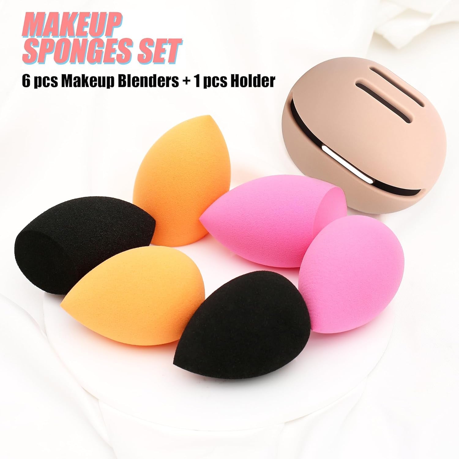 Beauty Blender Sponge with Holder,Makeup Sponge 6Pcs and 1Pcs Silicone Holder，Facial Makeup Blending Sponge Case for Makeup Bag, Travel Essentials ，Good Gifts for Women (6Pc+1 Silicone Case)